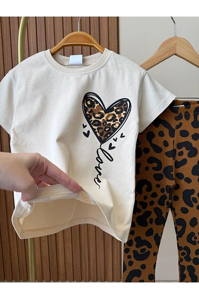 Magu Girl's Cotton Ecru Leopard Patterned T-Shirt and Leggings Set