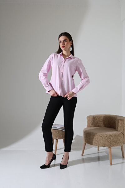 Corradeo Giyim Slim Fit Şamre Kumaş Klasik Pembe Kadın Gömlek