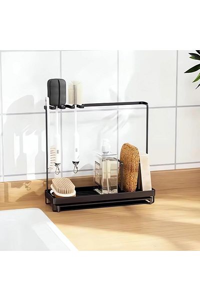 COOYA Kitchen Sponge Rack, 3 in 1 Stainless Steel Kitchen Sink Rag Rack, With Removable Drain Dish (Black)