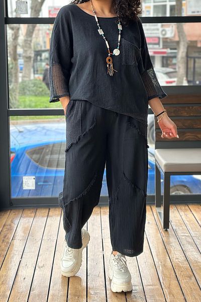 AYASOFYA OTANTIK Women's Black Elastic Waist Lace up Mesh Dirty Stitching Piece Pocket Loose Wide Leg Loose Linen Trousers