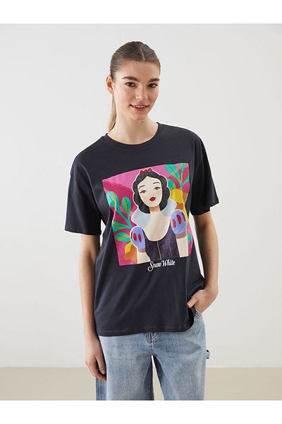 LC Waikiki Γυναικείο μπλουζάκι XSIDE Anthracite Crew Neck Cotton Princess Printed