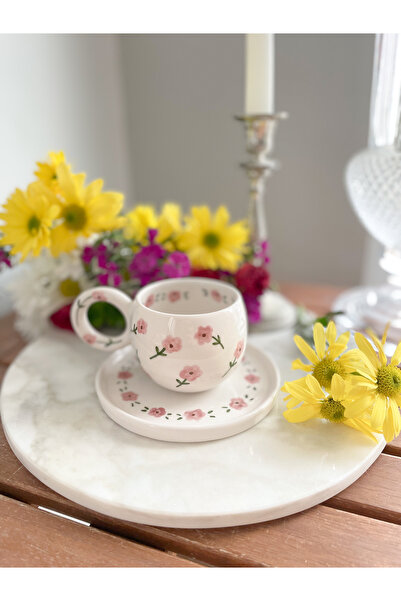 Mugtasarım Vintage Pink Floral Handmade Ceramic Double Turkish Coffee Cup
