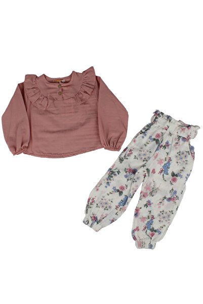 bebegen Girl's Salmon White Floral Trousers Frilly Muslin 2-Piece Set
