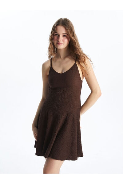 LC Waikiki Brown V-Neck Textured Women's Mini Dress