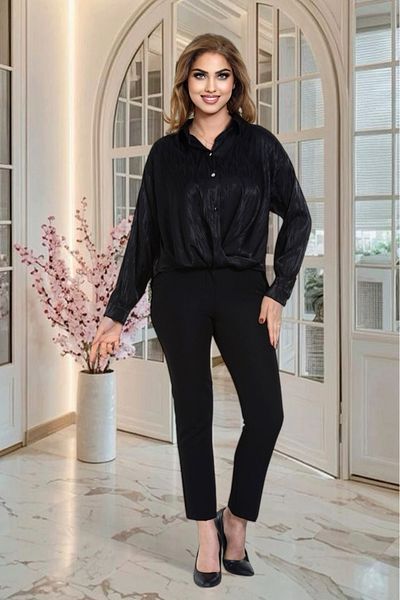 NEWCO Cămașă neagră din satin cu model și detaliu de nasturi