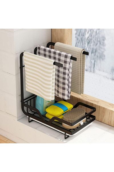 COOYA Sponge Holder with Drain Pan, Sink Kitchen Towel Rack, Dishcloth Holder for Kitchen Countertop