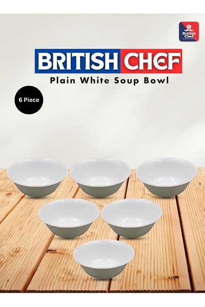British Chef طقم أوعية حساء بيضاء سادة من ٦ قطع | آمنة للاستخدام في غسالة الأطباق والميكروويف | مقاومة للكسر والخدش (BC2019)