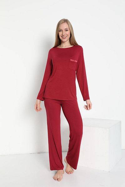 CONFEO Set pijamale de damă cu mânecă lungă, cu decolteu, burgundă, prune C9T3N5O-048