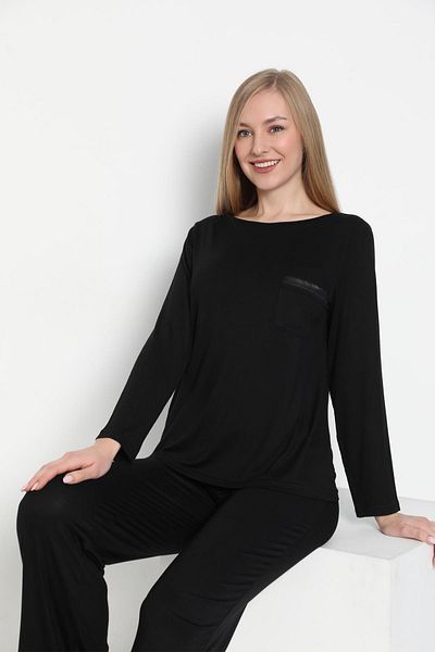 CONFEO Women's Long Sleeve Crew Neck Viscose Black Pajamas Set C9T3N5O-048