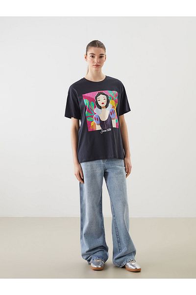 LC Waikiki Γυναικείο μπλουζάκι XSIDE Anthracite Crew Neck Cotton Princess Printed