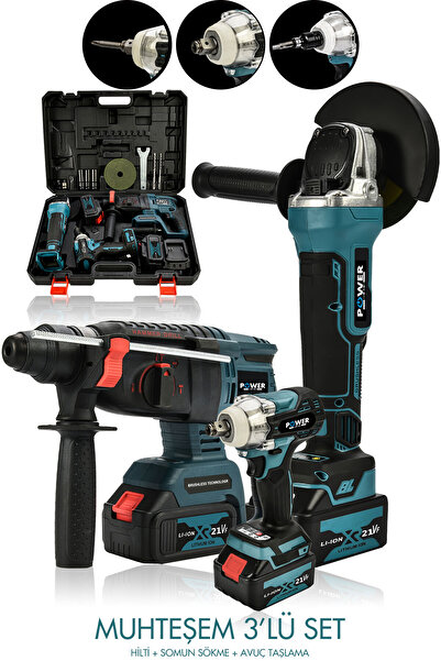 POWER BLACK 3 Lü Set Torklu Vidalama Somun Sıkma Şarjlı Matkap 2-26mm Şarjlı Taşlama 125mm