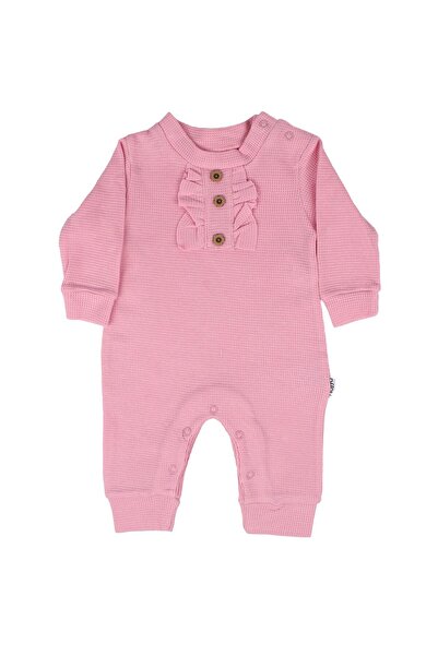 bebegen Kız Bebek Pembe Waffle Düğmeli Fırfırlı Tulum