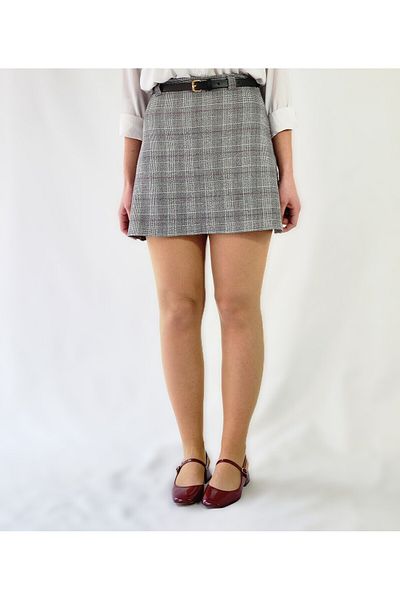 MRV DESIGN Belted High Waist Grey Plaid Woven Fabric Mini A-Line Skirt
