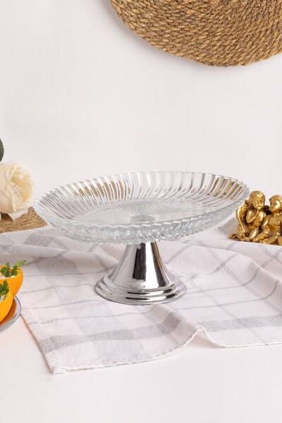 Fiyakalı Ürünler Atölyesi 2-Piece Silver Footed Ellipse and Square Glass Presentation Holder, Wrap, Fountain, Salad, Fruit, and Cake Stand, Dowry Holder