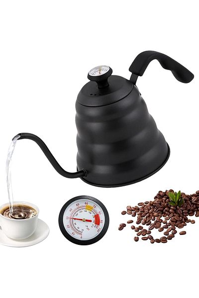 COOYA 1.2l Stainless Steel Electric Gooseneck Kettle, With Thermometer, Coffee Pot For Home, Black