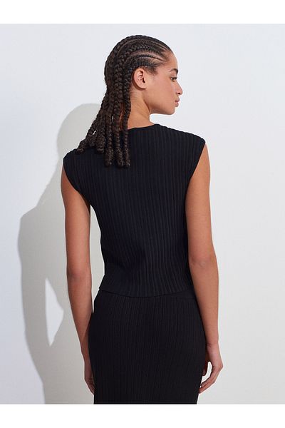 Dilvin 10738 Crew Neck Ribbed Thin Knitwear Blouse-Black