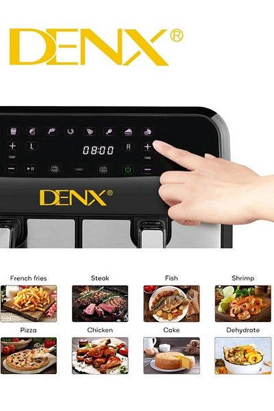 Denx مقلاة هوائية بسلة مزدوجة - متعددة الاستخدامات من الفولاذ المقاوم للصدأ، سعة 4 لتر + 4 لتر، منطقتان مستقلتان للطهي DX2091