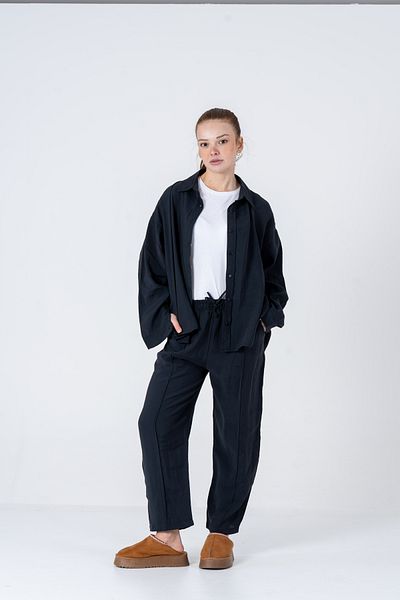 VerdeBlanco   Oversized Front Trousers and Shirt Set - Black