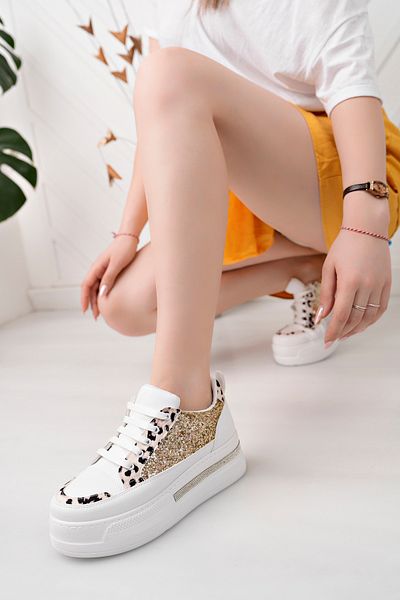 moda sara Pantofi sport de damă cu părți albe, sticlă aurie spartă, model leopard, bază cu detalii de piatră