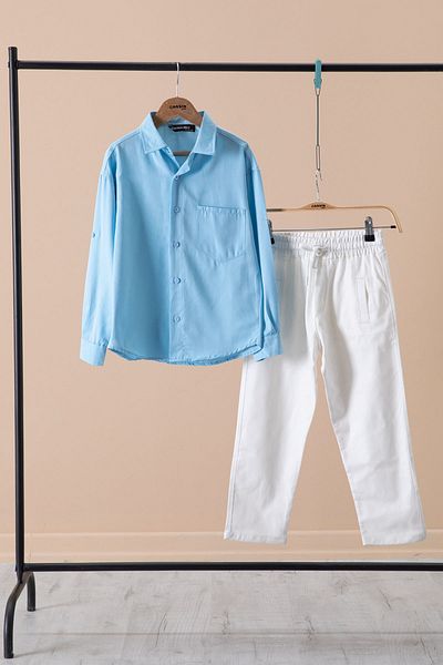 Cansın Mini Costum 2 piese cămașă și pantaloni pentru băiat albastru 20436