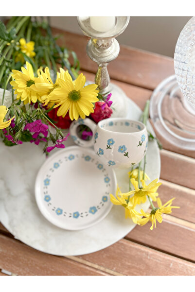 Mugtasarım Vintage Blue Floral Handmade Ceramic Double Turkish Coffee Cup