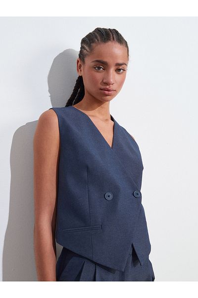Dilvin 60576 Double-Breasted Asymmetrical Vest-Navy Blue