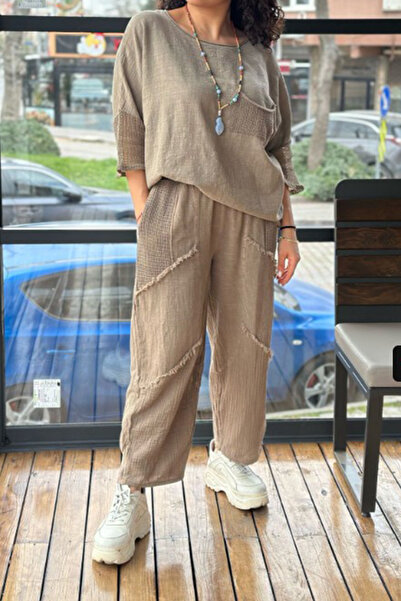 AYASOFYA OTANTIK Women's Elastic Waist Dirty Stitching Piece Loose Wide Leg Loose Linen Trousers