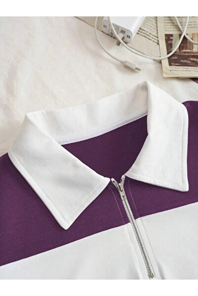 Marjill Μπλουζάκι Unisex Μωβ Λευκό Πόλο με μισό φερμουάρ