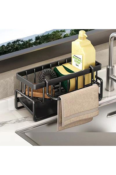 COOYA Kitchen Sponge Rack, Dish Soap Scrubber Brush Dishcloth RackRustproof, Stainless Steel (Black)