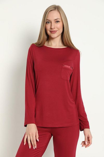CONFEO Set pijamale de damă cu mânecă lungă, cu decolteu, burgundă, prune C9T3N5O-048