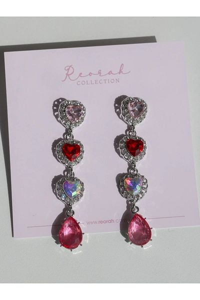 Reorah Collection Shiny Heart Earrings-Dangle Three Hearts Earrings with Stones