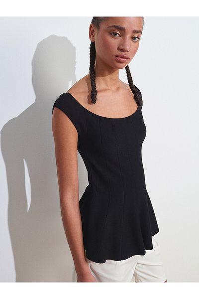 Dilvin 10741 Boat Neck Flounce Knitwear Blouse-Black