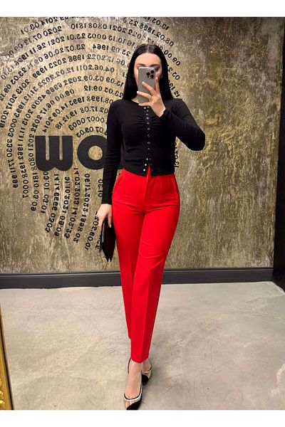 missswans Red Flat Front Fabric Trousers