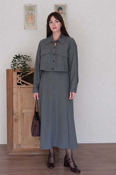 Ceylan Otantik Anthracite Polyviscose Pocket Jacket Skirt Set