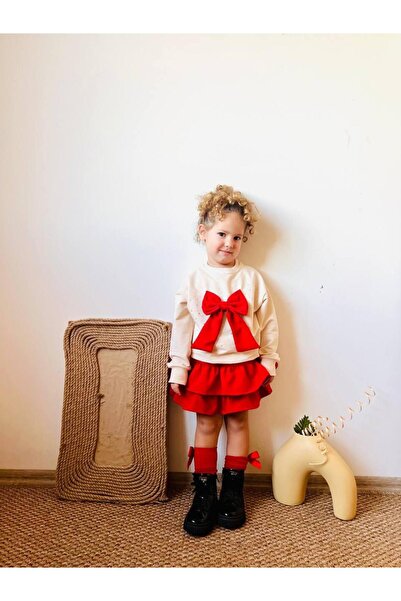 BERİTKİDS KIZ ÇOCUK KIRMIZI FİYONK VE FIRFIR DETAYLI ETEK TAKIM