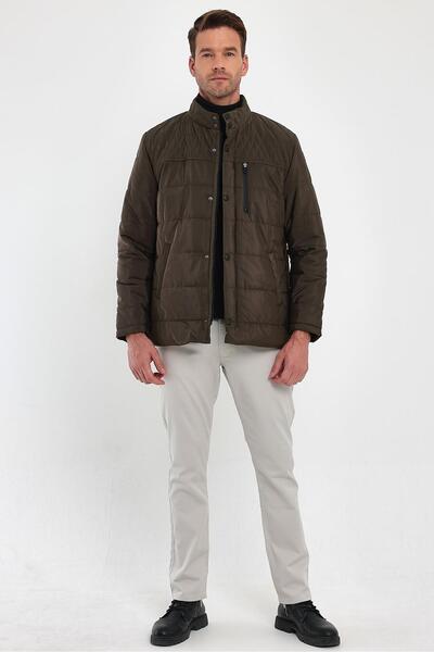 SİVAİST Men's Brown Standard Fit Regular Cut Furry Stand Collar Snap Detail Zippered Winter Coat