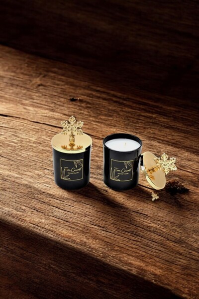 Tiem Concept Dekoratif Özel Tasarım Gold Kar Tanesi Başlıklı 2 'li Siyah Bardak Mum Seti