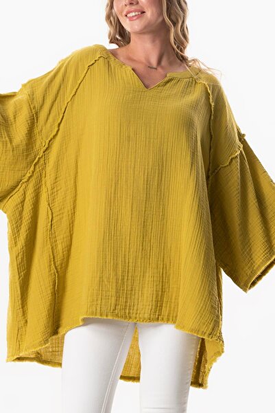 Eliş Şile Bezi Half Sleeve Nadya V-Neck Muslin Summer Blouse Oil Green Ygysl