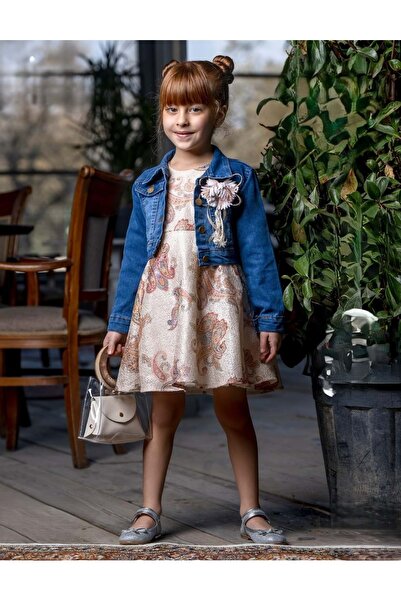 Mnk Baby&Kids Rochie BEIGE pentru fete - Motiv cu flori cu jachetă din denim ...