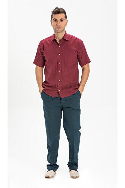 Eliş Şile Bezi Κοντό μανίκι Şile υφασμάτινο μονό τσεπάκι ανδρικό καλοκαιρινό πουκάμισο σκούρο μπορντό 3068