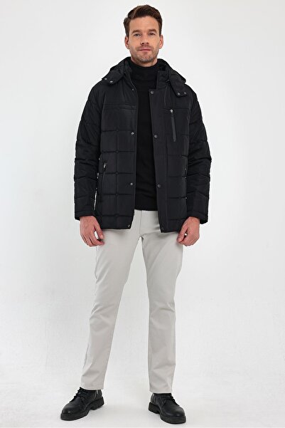 SİVAİST Men's Black Standard Fit Normal Cut Hooded Stand-Up Collar Coat