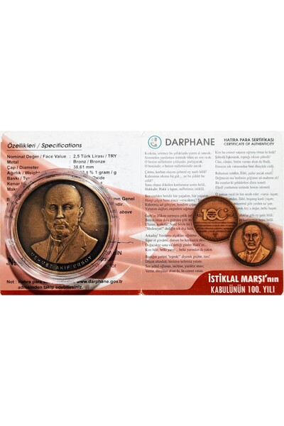3Alp Koleksiyon İstiklal Marşı'nın Kabülünün 100.yılı, Hatıra Para (Sertifika...