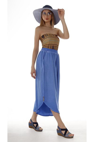 AYASOFYA OTANTIK Women's Blue Elastic Slit Buttoned Antique Trousers with Loose Legs