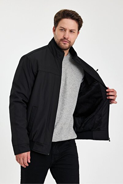 SİVAİST Black Thick Furry Wind and Waterproof Coat with Judge Collar