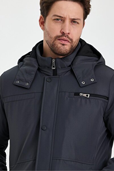 SİVAİST Сиво дебело кожено палто - с подвижна качулка и цип, устойчиво на вятър и вода