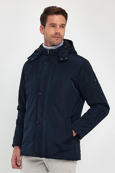 SİVAİST Men's Navy Blue Standard Fit Normal Cut Hooded Stand-Up Collar Coat
