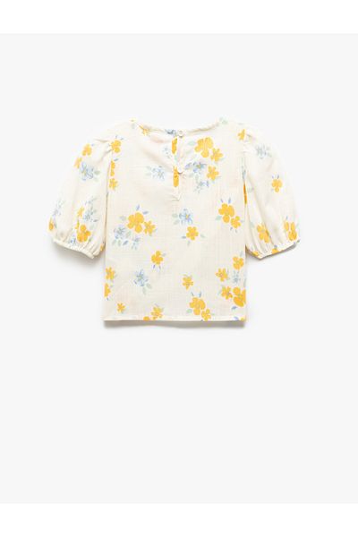 Koton Floral Μπλούζα Ασύμμετρη Κοπή Μπαλόνι Μανίκι Στρογγυλή λαιμόκοψη