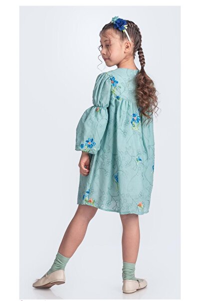 Mnk Baby&Kids Otantik Akdeniz Çiçek NakışKız Çocuk Müslin Elbise M00706 YEŞİL