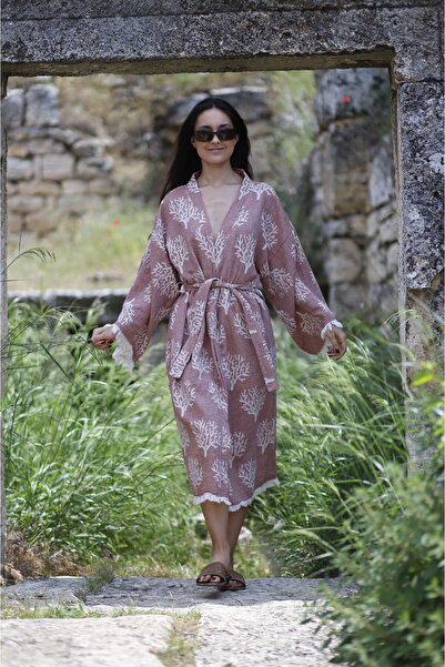 MONO %100 pamuk dokuma mercan desenli müslin kimono bornoz sabahlık