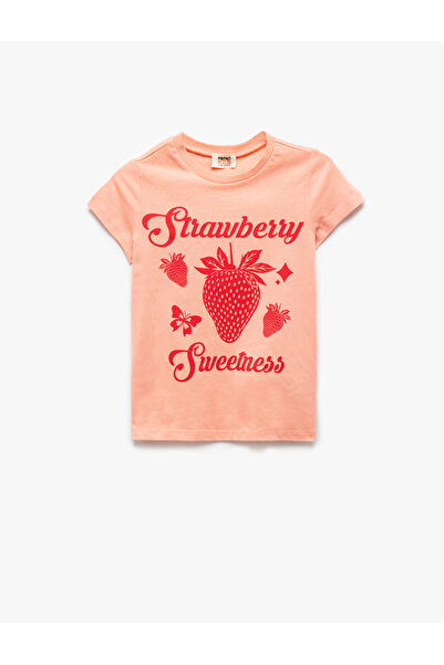 Koton Βαμβακερό μπλουζάκι με στάμπα φράουλα ροζ για κορίτσια 5SKG10228AK